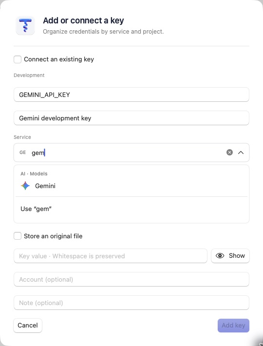 Actual Cellar app screen showing a search for Gemini in the key registration window.
